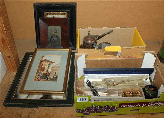 Cairo ware coffee set, brass compass, letter openers, Asprey frame and other items